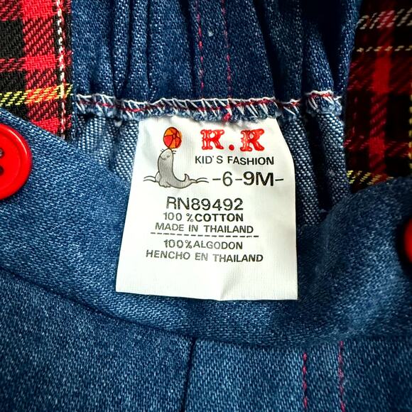 Vintage 90s K.K. Kid's Fashion 3-Piece Overall Set Unisex 6-9M Denim Plaid Bear - Picture 9 of 10
